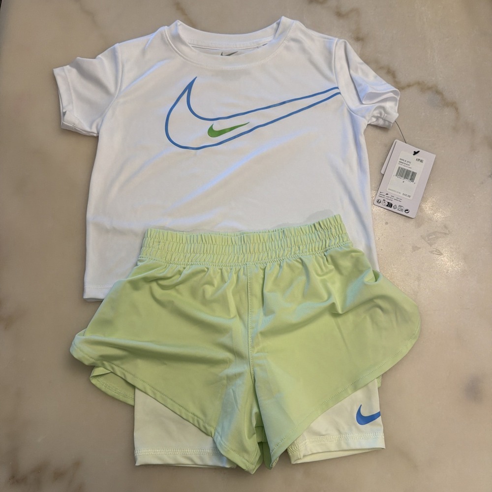 Nike Dri-Fit 2 Piece Short & Shirt Set Girl's Size 5 Blue Green New with Tags